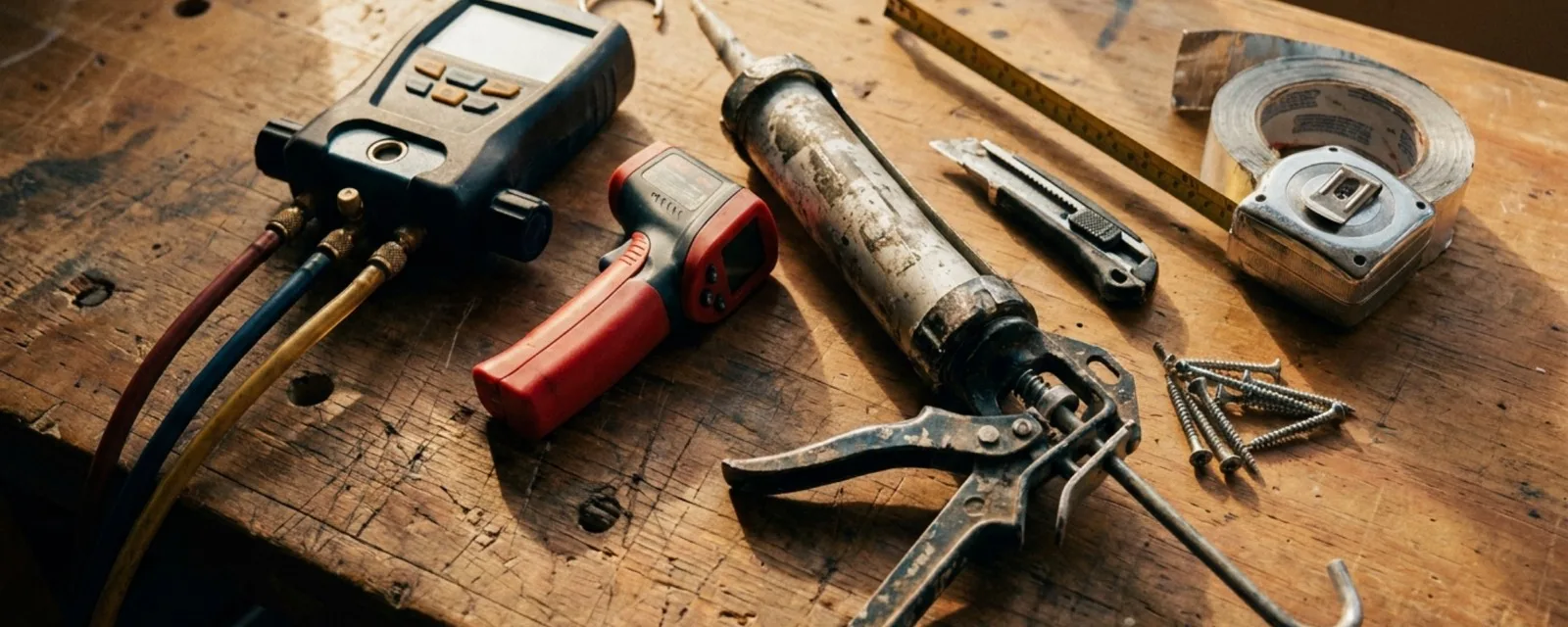 Home energy audit tools on a workbench