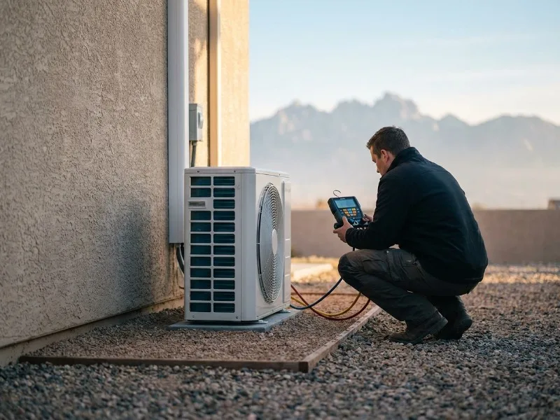 Technician checking an outdoor heat pump unit with a manifold gauge