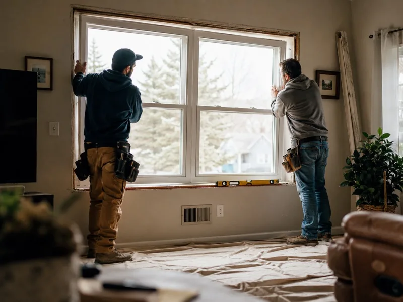 Two installers setting a new double-pane window